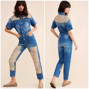 New! Free People x Tricia Fix Tan Bandana Patchwork Blue Denim Jumpsuit💙 Medium